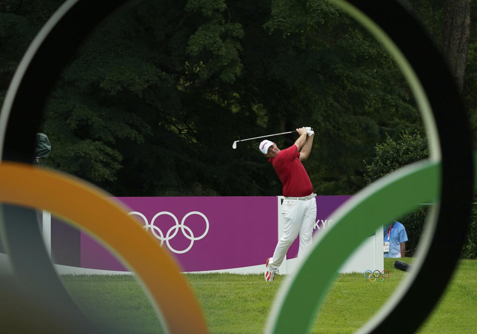 Austria's Sepp Straka hits a tee shot on the 16th hole on Wednesday, July 28, 2021, at the Kasumigaseki Country Club in Kawagoe, Japan. (AP Photo/Matt York)