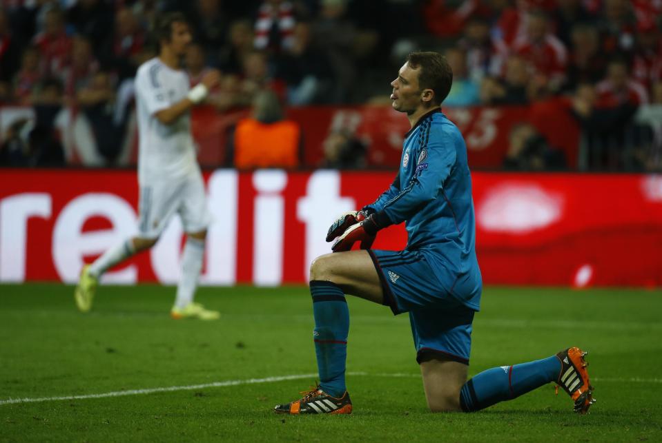 Bayern Munich's goalkeeper Neuer reacts during the Champion's League semi-final second leg soccer match against Real Madrid in Munich