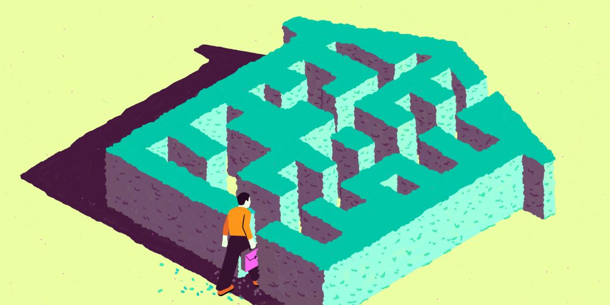 Illustration of a person walking through a house maze.