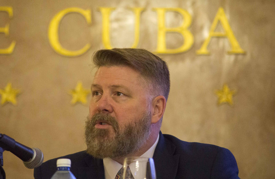 Member of the U. S. House Representatives from Arkansas Rick Crawford speaks to reporters during a U.S. - Cuba Agriculture Coalition press conference at the Hotel Nacional in Havana, Cuba, Thursday, Nov. 8, 2018. Entrepreneurs from the United States’ agricultural sector have arrived in Cuba to promote business between the two countries. (AP Photo/Desmond Boylan)