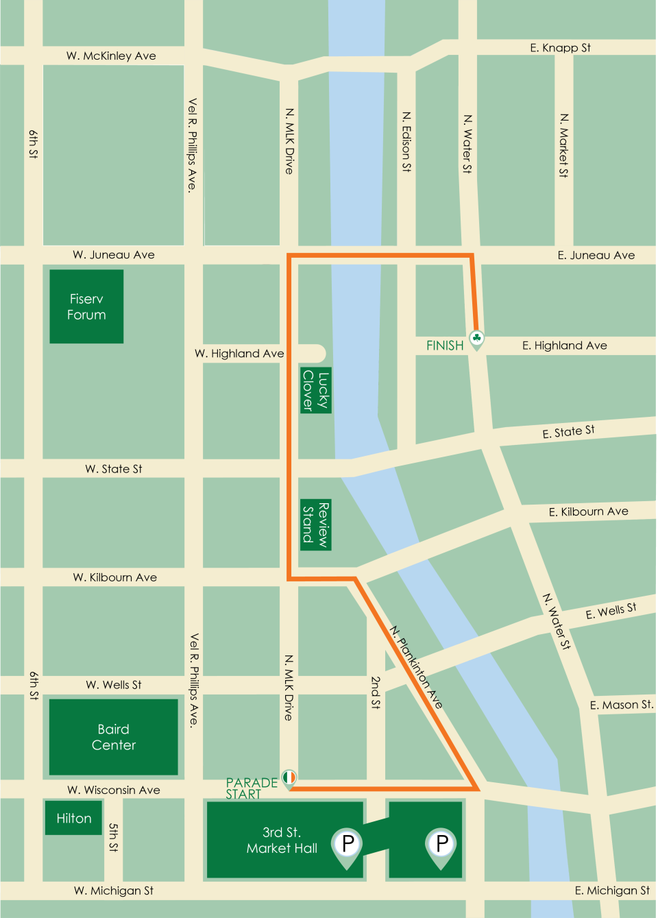 The route of the 2024 edition of the Shamrock Club of Wisconsin's St. Patrick's Day parade in downtown Milwaukee.