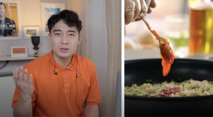 隨後，奧利佛竟加入「辣椒果醬」（Chili jam）調味 | Later, Oliver added “chili jam” to the fried rice. (Screengrab from the video)