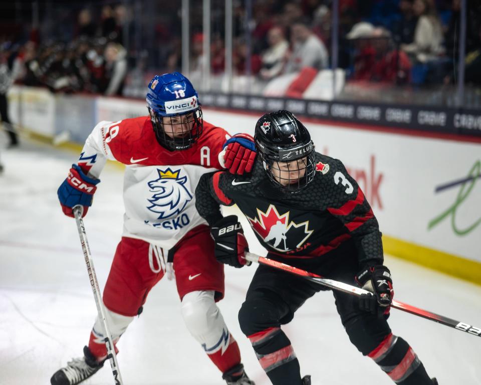 Czechia's Michaela Pejzlova and Canada's Jocelyne LaRocque battle it out at the Adirondack Bank Center Saturday.