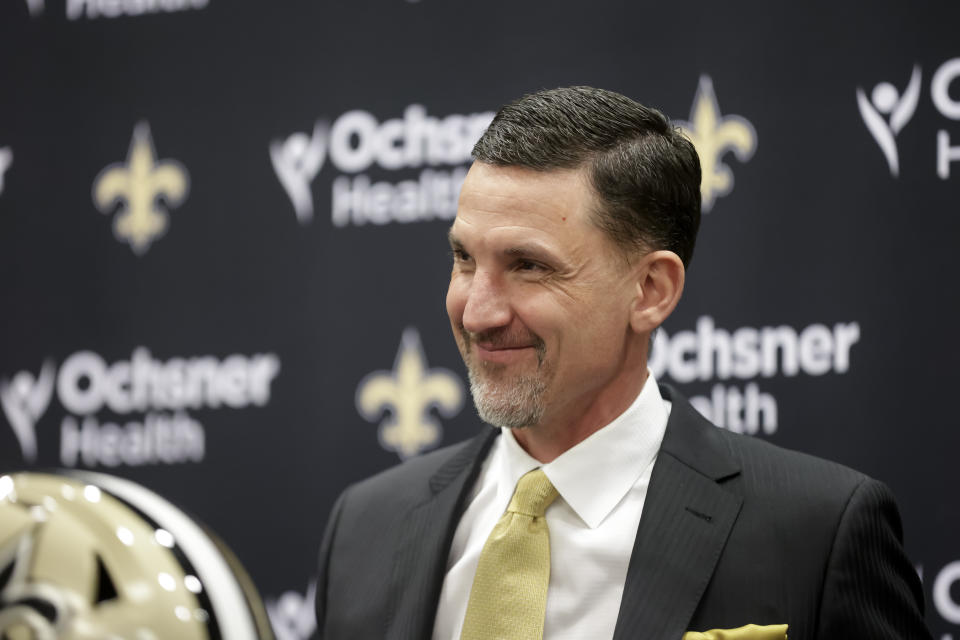New Orleans Saints new head coach Dennis Allen reacts during a news conference at the NFL football team's training facility, Tuesday, Feb. 8, 2022, in Metairie, La. (AP Photo/Derick Hingle)