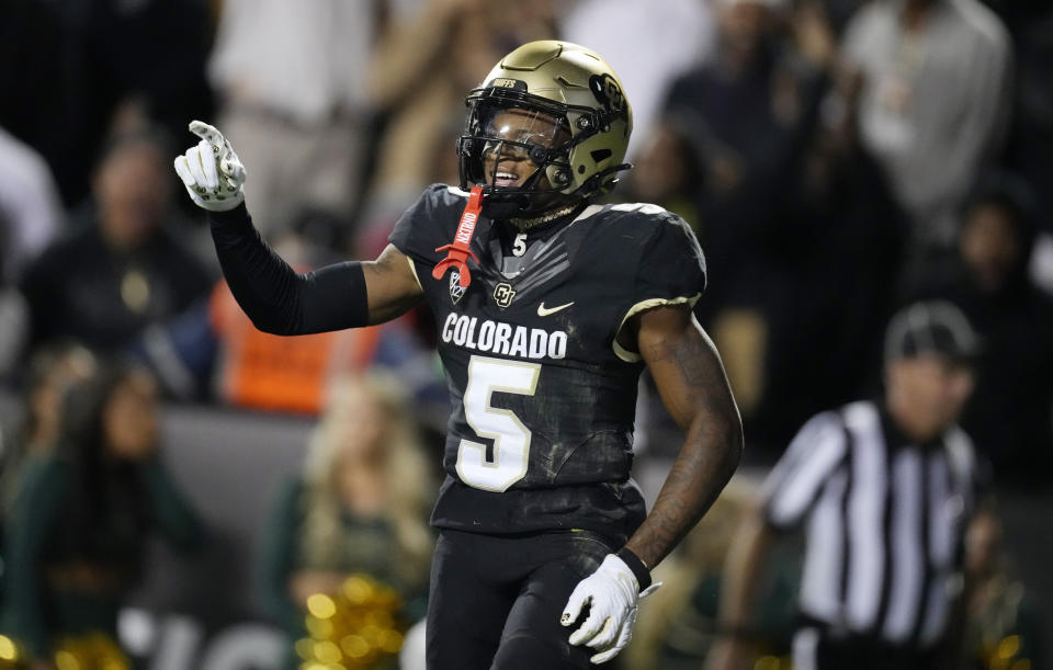 Colorado wide receiver Jimmy Horn Jr. celebrates after catching a touchdown against Colorado State in the second half of an NCAA college football game Saturday, Sept. 16, 2023, in Boulder, Colo. (AP Photo/David Zalubowski)