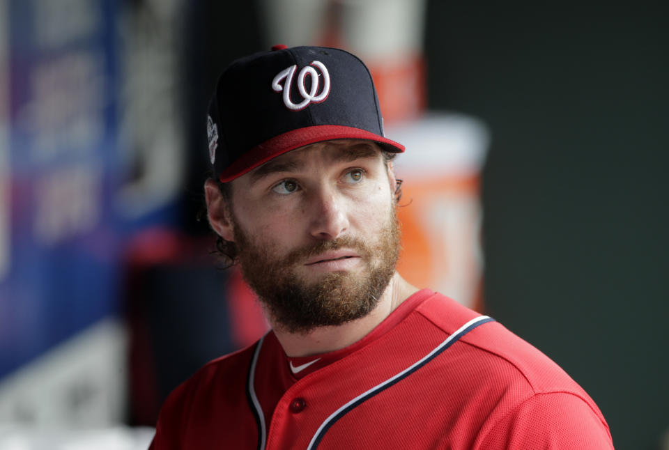 FILE - In this July 15, 2018 file photo, Washington Nationals' Daniel Murphy looks out at the field during the second inning of the MLB baseball game against the New York Mets at Citi Field, in New York. The Washington Nationals have traded second baseman Daniel Murphy to the Chicago Cubs. (AP Photo/Seth Wenig)