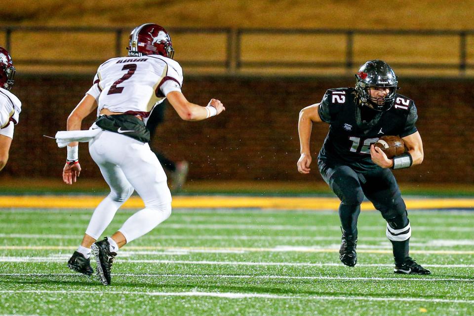 Wagoner’s Alex Shieldnight (12) runs the ball during the 4A high school football state championship game between Blanchard and Wagoner at Chad Richison Stadium in Edmond, Okla., on Thursday, Nov. 30, 2023.