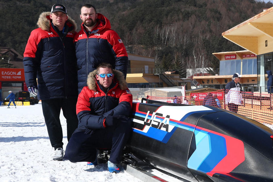 Christopher Fogt, Carlo Valdes and Nathan Weber are part of a Team USA four-man bobsled crew. (Getty)