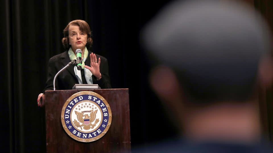 Sen. Dianne Feinstein speaks during a town hall style meeting on April 17, 2017, in San Francisco. - Justin Sullivan/Getty