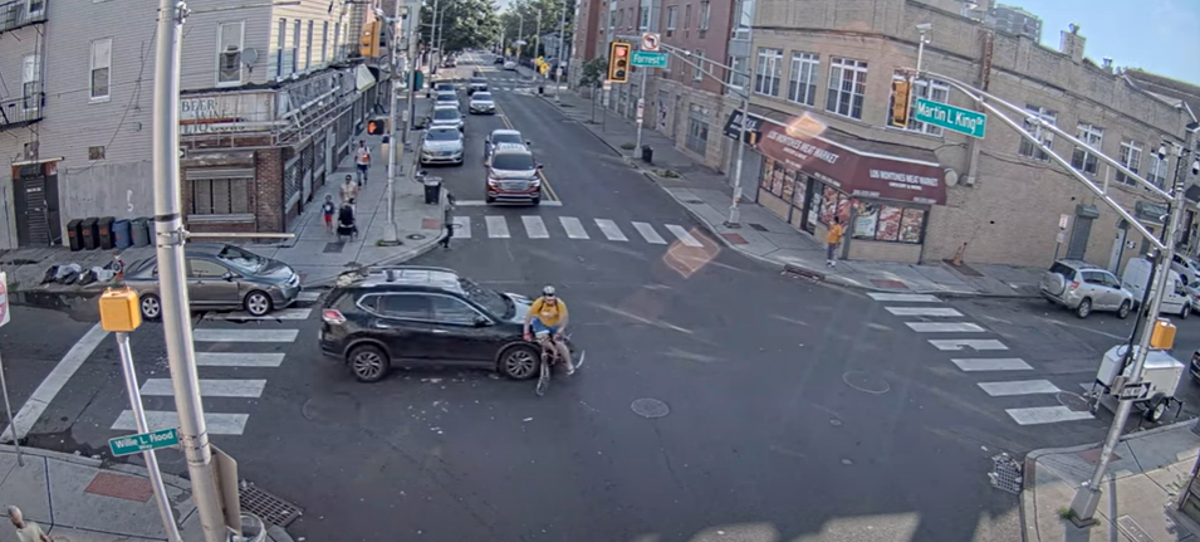 Jersey City Council Member Amy DeGise is seen in surveillance footage released by the mayor’s office allegedly striking cyclist Andrew Black, 29, with her car and fleeing the scene on 19 July (Hudson County View/Youtube)