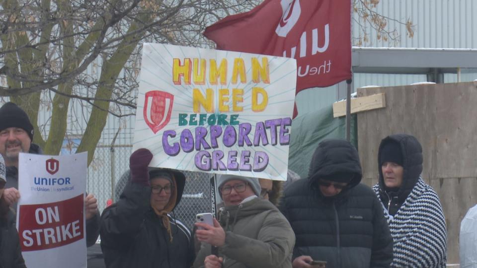 Striking Unifor Local 195 members hold up signs on the picket line at Jamieson Laboratories in Windsor.