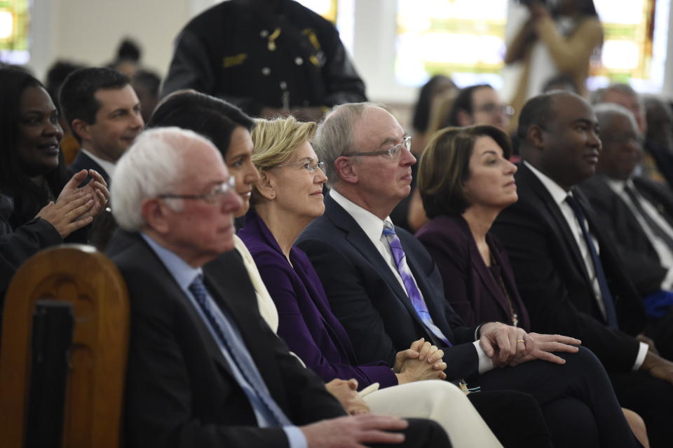 Most of the Democrats seeking their party's presidential nomination gather for a Martin Luther King Jr. Day prayer service Monday, Jan. 20, 2020, in Columbia, S.C. (AP Photo/Meg Kinnard)