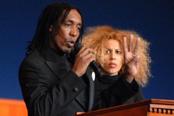 Ronald Turner, son of Ike and Tina Turner, speaks to the congregation with his wife at his side, during a memorial service for singer and musician Ike Turner