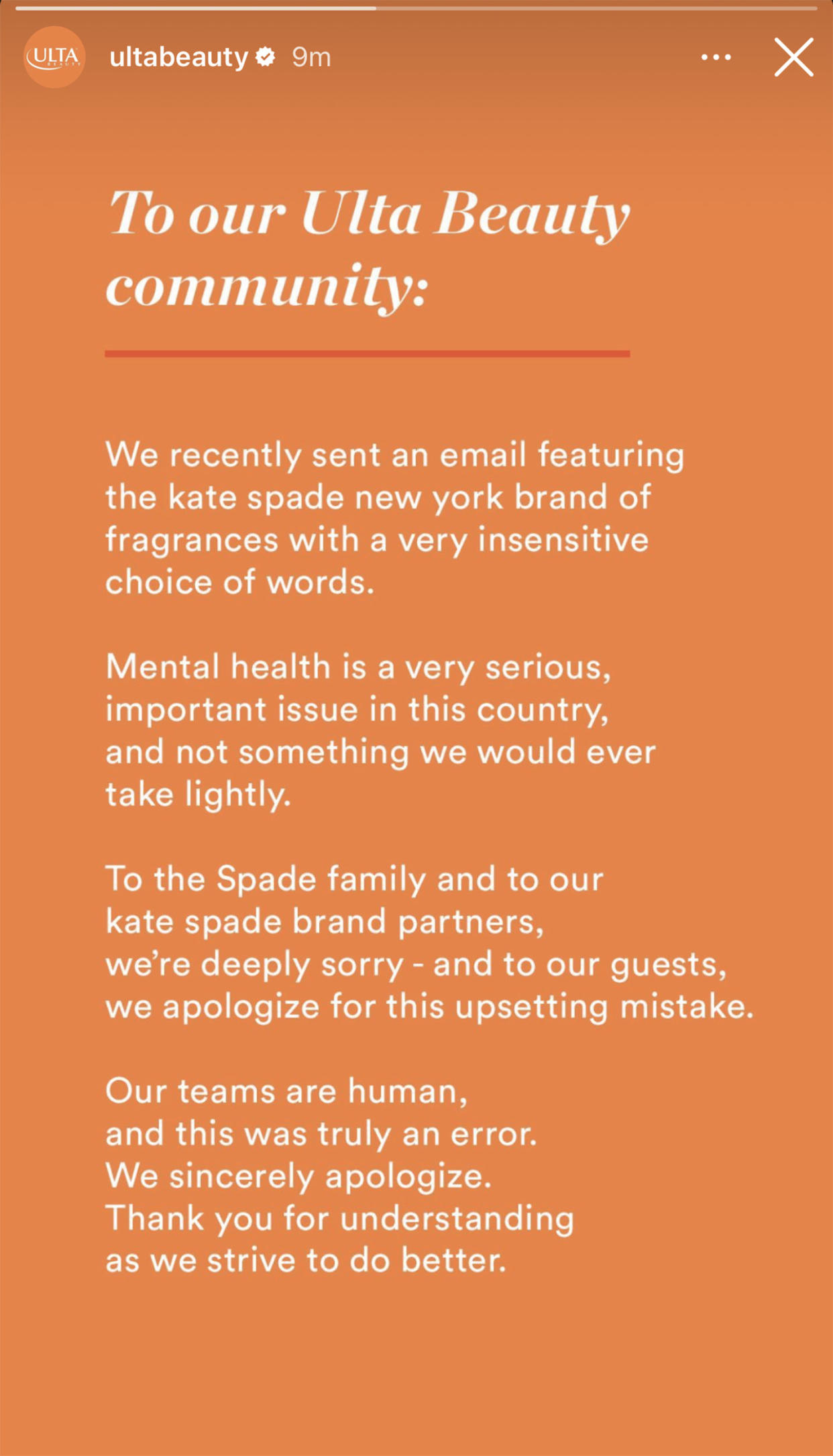 The brand shared an edited version of the emailed apology to their Instagram stories on Monday. (Instagram)
