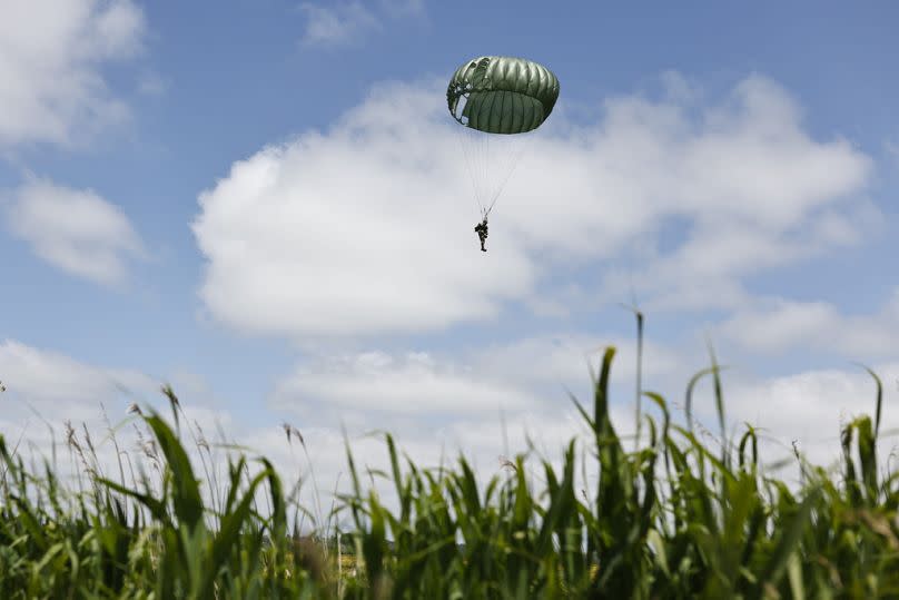 Parachute drop in Carentan-Les-Marais in Normandy, France on Sunday, June 02, 2024, ahead of D-Day 80th anniversary commemorations. 