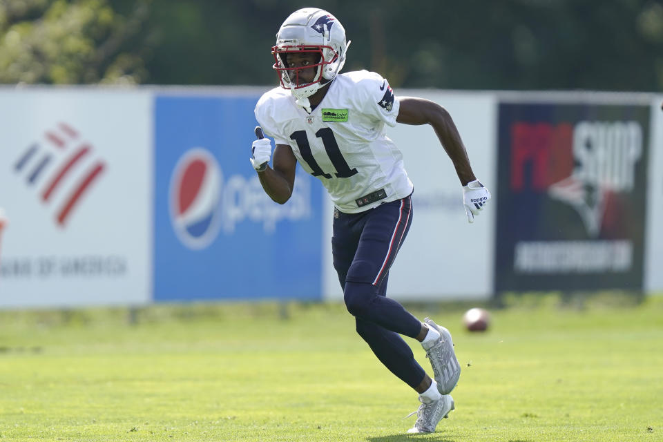 New England Patriots wide receiver Tyquan Thornton warms up during an NFL football joint practice with the Carolina Panthers, Tuesday, Aug. 16, 2022, in Foxborough, Mass. (AP Photo/Steven Senne)