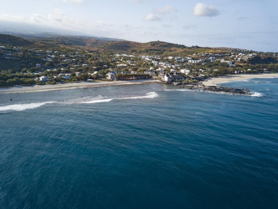 boucan canot beach from above, drone shot on reunion island, mascarene islands, french overseas territory.