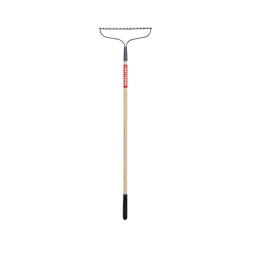 Steel rake with wooden handle