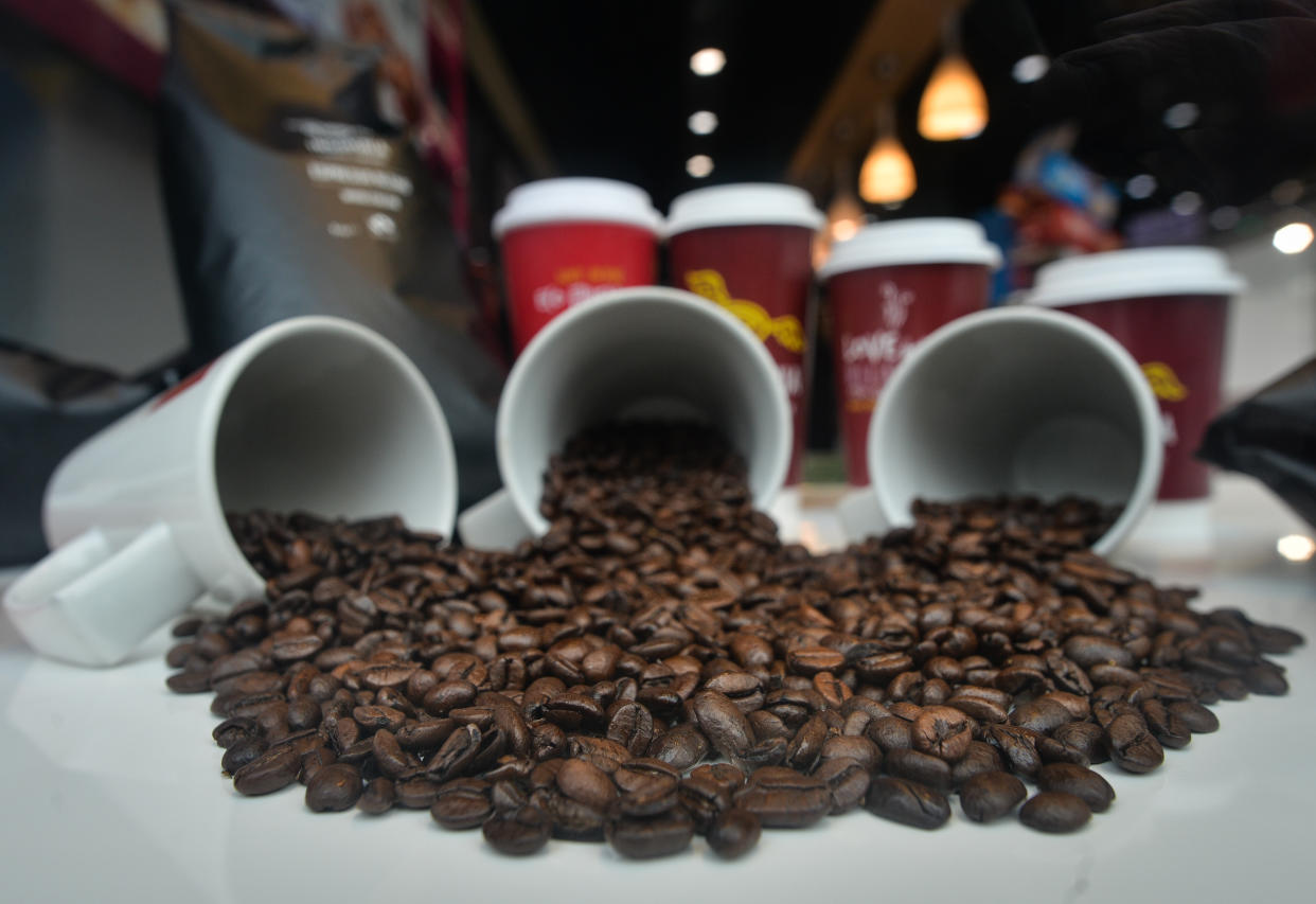 Coffee beans seen in the window of 
Insomnia Coffee Company in Dublin's city centre during level 5 COVID-19 lockdown. 
On Saturday, March 27, 2021, in Dublin, Ireland. (Photo by Artur Widak/NurPhoto via Getty Images)