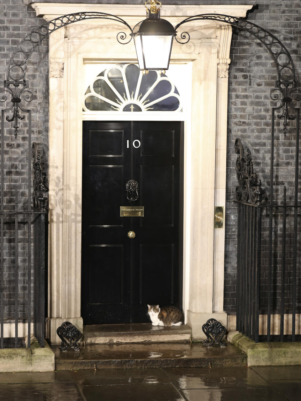 Larry the cat sits in the door of10 Downing Street, after voting closed for the 2019 General Election, Friday, Dec. 13, 2019. An exit poll in Britain's election projects that Prime Minister Boris Johnson's Conservative Party likely will win a majority of seats in Parliament. That outcome would allow Johnson to fulfill his plan to take the U.K. out of the European Union next month. (AP Photo/Vudi Xhymshiti)