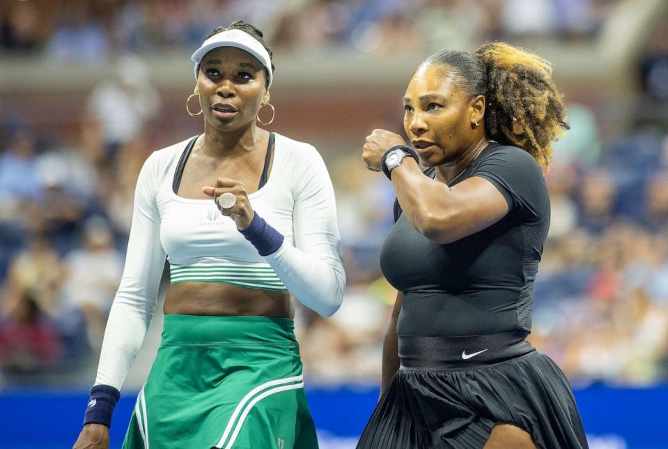 PHOTO: Serena Williams and Venus Williams of the United States during their doubles match at the U.S. Open in New York City, Sept. 1. 2022. (Tim Clayton/Corbis via Getty Images)