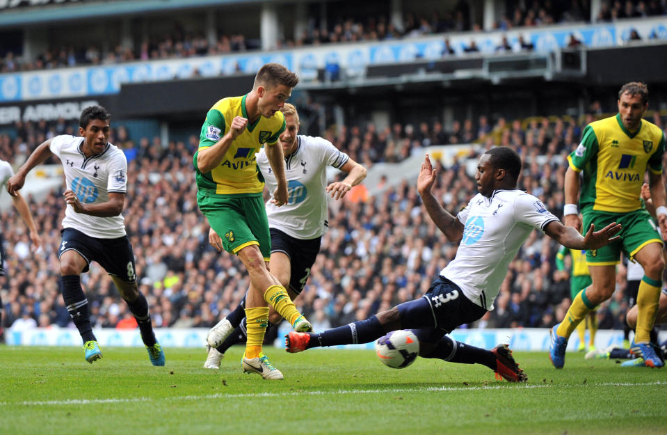 Tottenham's Danny Rose blocks Norwich's Ricky Van Wolfswinkel shot during the Barclays Premier League match at White Hart Lane, Tottenham.