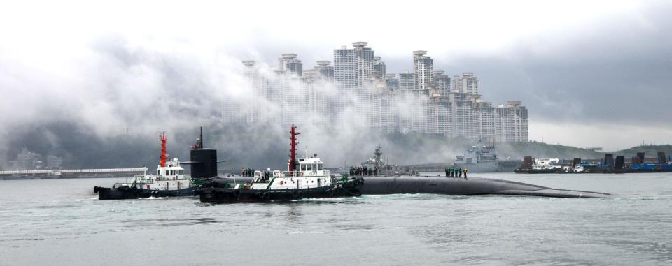 The <em>Ohio</em> class nuclear ballistic missile submarine USS <em>Kentucky</em> arrives in South Korea in July. <em>USN</em>