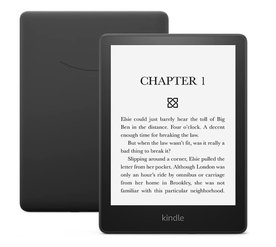 Kindle Paperwhite in white and black with chapter 1 on screen (Photo via Amazon)