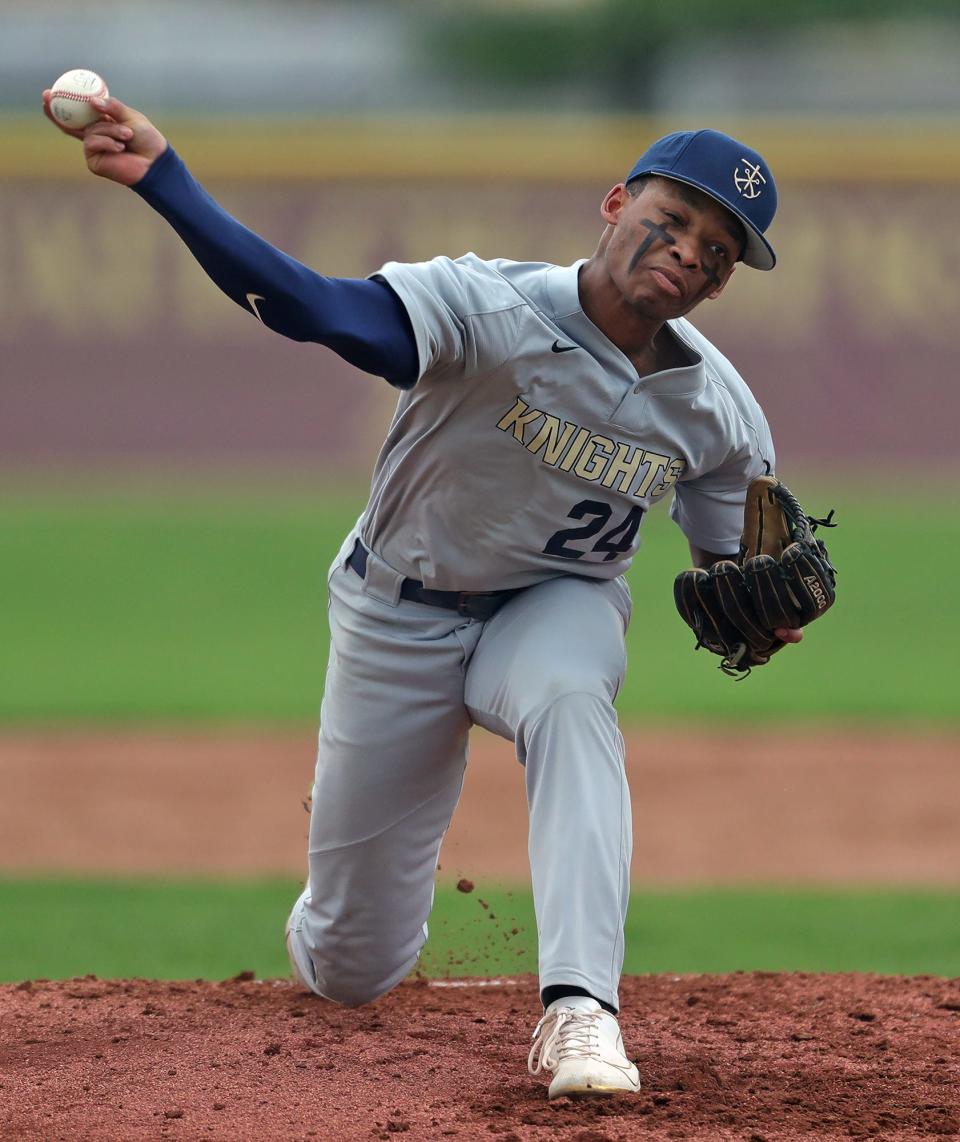 Hoban starting pitcher Shawn Parnell throws against the Walsh Jesuit Warriors during the first inning of a baseball game in Cuyahoga Falls on Tuesday.