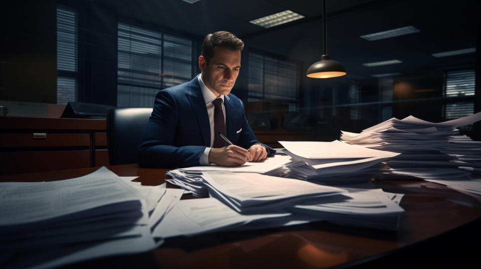 A professional banker with a stack of mortgage papers and a pen in hand, ready to make the deal.