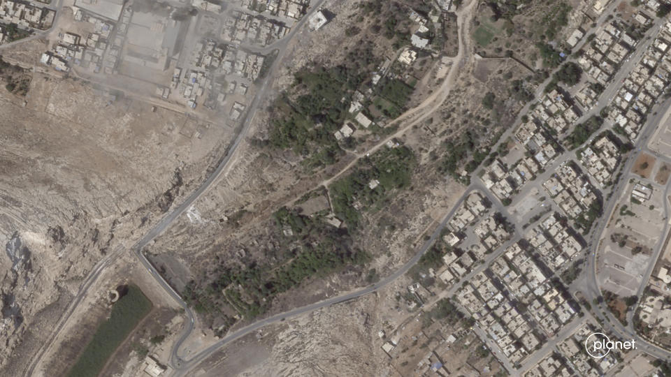 This satellite photo from Planet Labs PBC shows a dam collapse in Derna, Libya, on Sept. 2, 2023. The destruction came to Derna and other parts of eastern Libya on Sunday night, Sept. 10, 2023. As the storm pounded the coast, Derna residents said they heard loud explosions and realized that dams outside the city had collapsed. Flash floods were unleashed down Wadi Derna, a river running from the mountains through the city and into the sea. (Planet Labs PBC via AP)