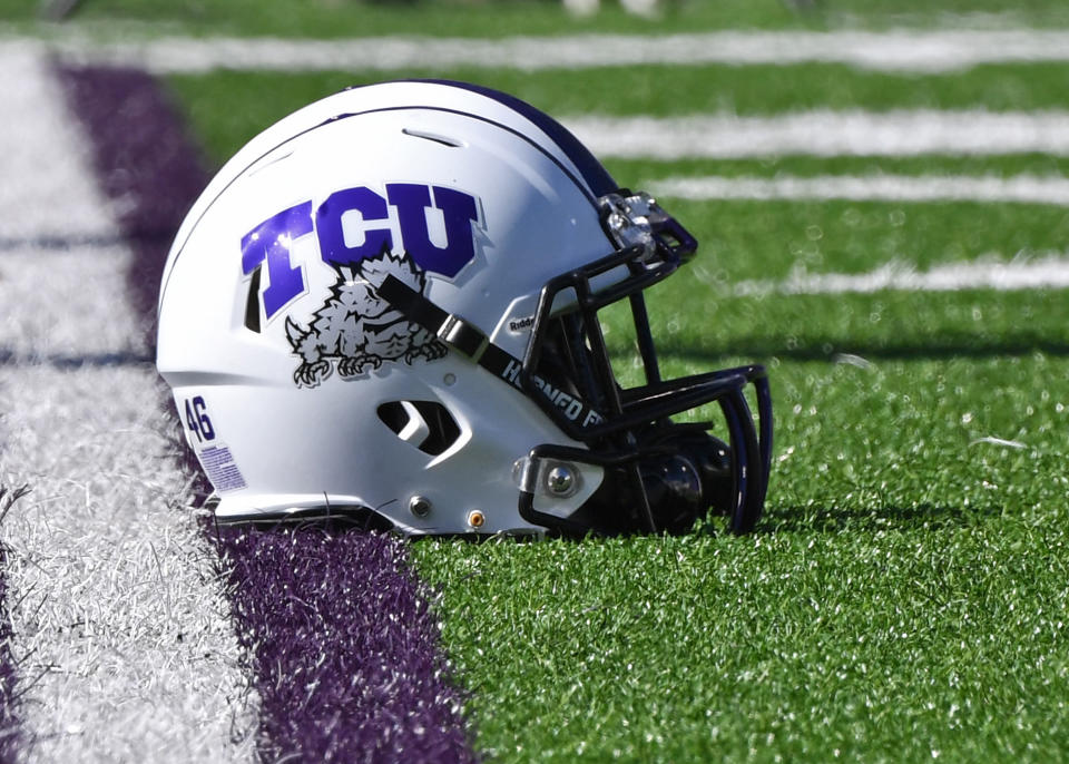 MANHATTAN, KS - OCTOBER 19:  A general view of a TCU Horned Frogs helmet on the field before a game against the Kansas State Wildcats at Bill Snyder Family Football Stadium on October 19, 2019 in Manhattan, Kansas. (Photo by Peter G. Aiken/Getty Images)