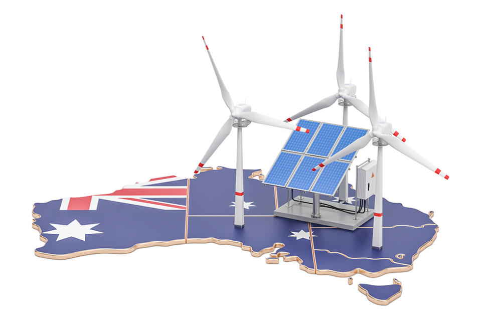 Render 3D de mapa de Australia con paneles solares y molinos de viento.