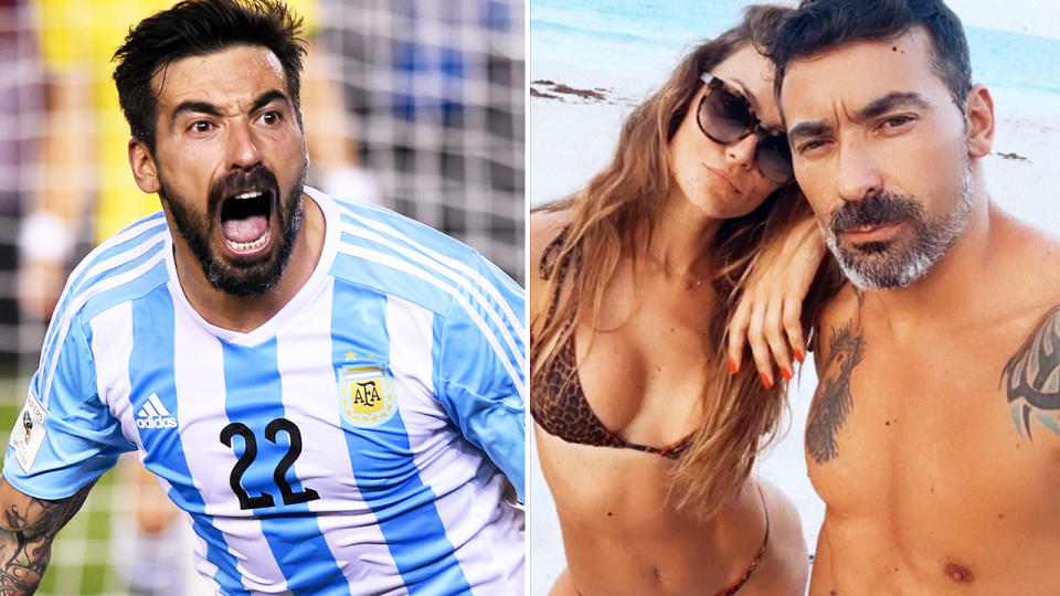 Ezequiel Lavezzi and girlfriend Natalia Borges, pictured here on the football pitch and on Instagram.