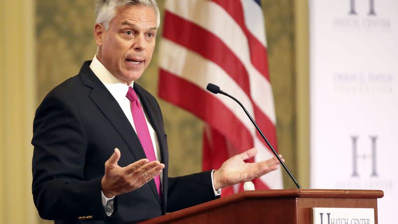 Former Utah Gov. Jon Huntsman Jr. speaks at a Hatch Center symposium on global peace and stability at The Grand America Hotel in Salt Lake City on Oct. 8, 2020.