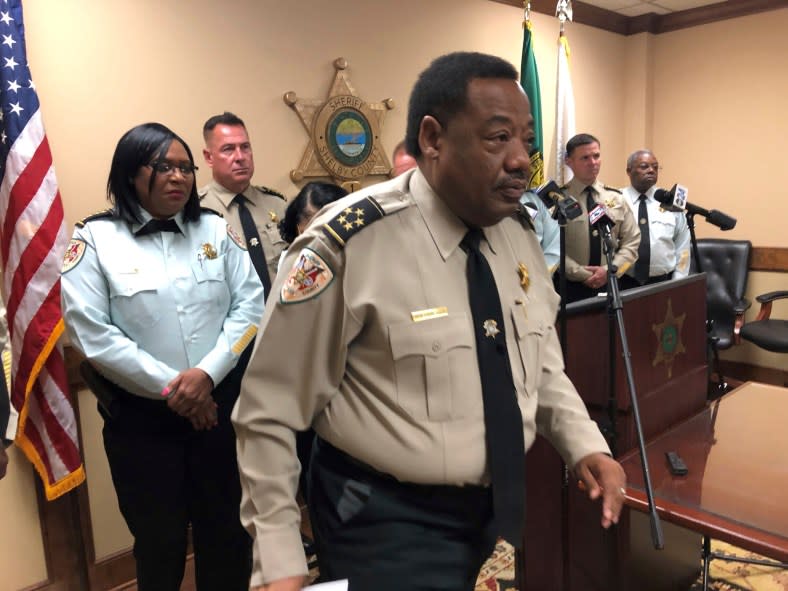 Shelby County Sheriff Floyd Bonner walks away after a news conference about the indictments of nine jail deputies in connection with an inmate’s beating death on Wednesday, Sept. 20, 2023 in Memphis, Tenn. (AP Photo by Adrian Sainz)