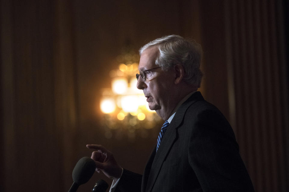 Senate Majority Leader Mitch McConnell of Ky., speaks during a news conference with other Senate Republicans on Capitol Hill in Washington, Tuesday, Dec. 15, 2020. (Rod Lamkey/Pool via AP)