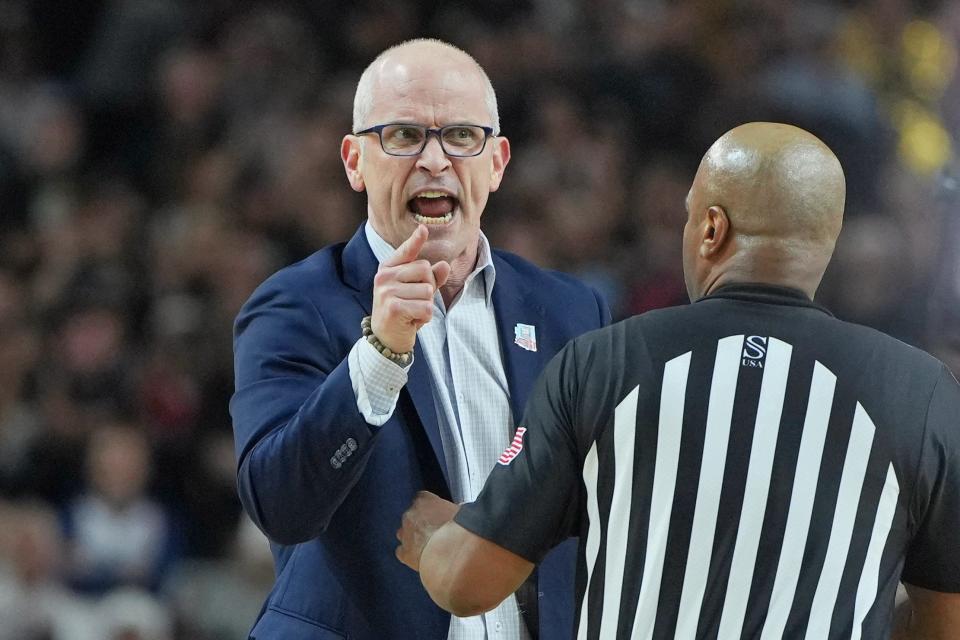 Connecticut Huskies head coach Dan Hurley reacts after a call against the Purdue Boilermakers during the national championship game.