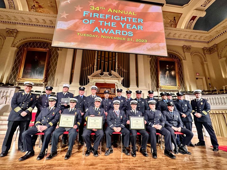 Members of the New Bedford Fire Department are seen Tuesday at the annual state Firefighter of the Year Awards in Worcester.