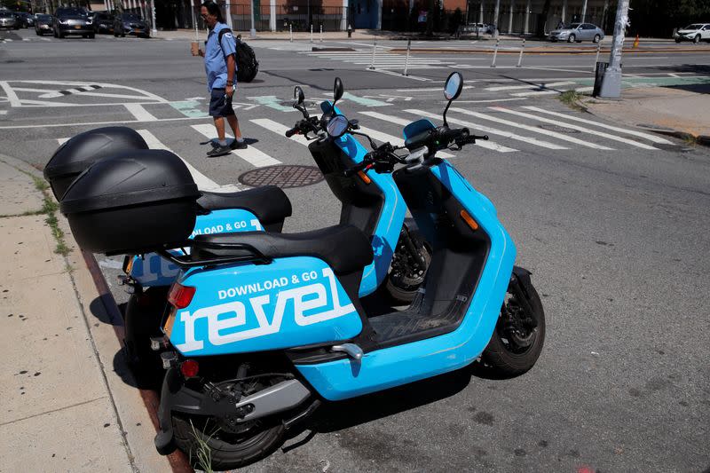 Revel app-based electric scooters are parked idle following suspension of service in New York