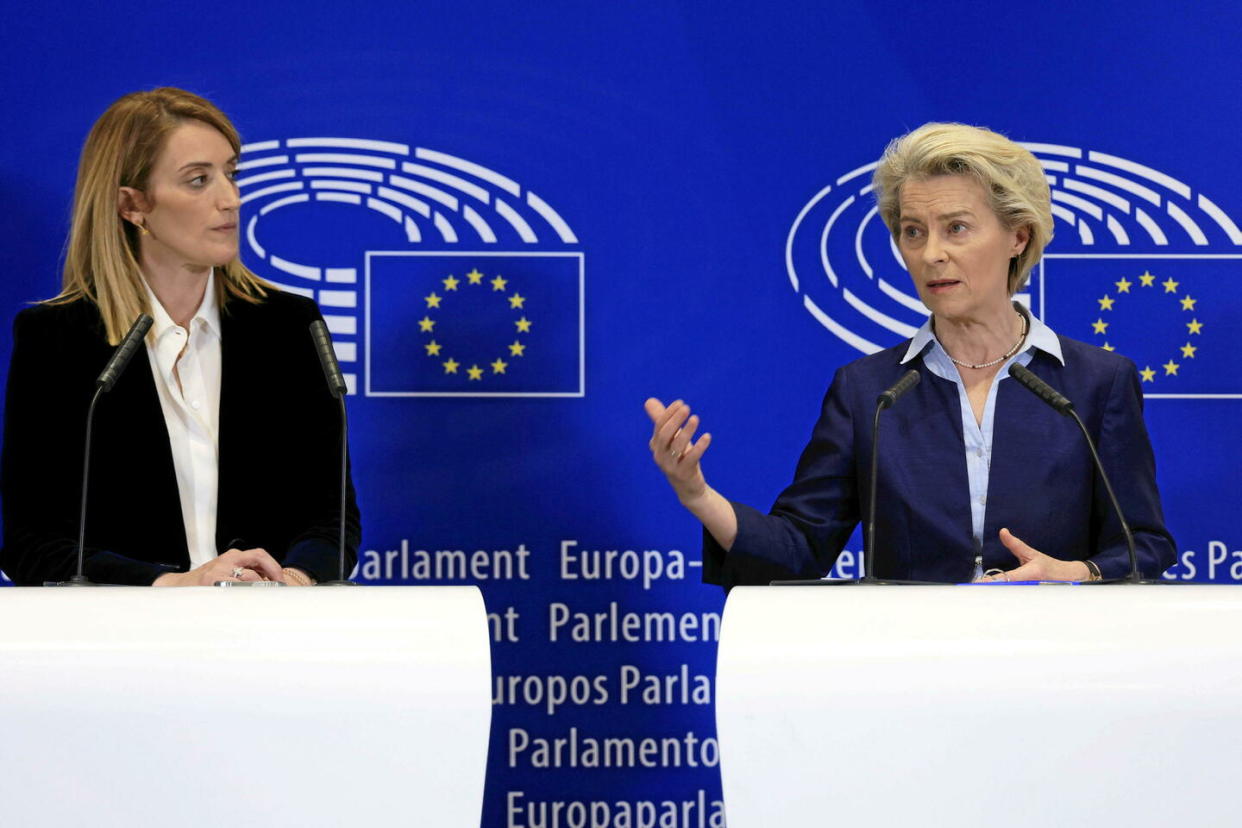 Roberta Metsola et Ursula von der Leyen, les présidentes du Parlement européen et de la Commission européenne sortantes.  - Credit:Geert Vanden Wijngaert/AP/Sipa