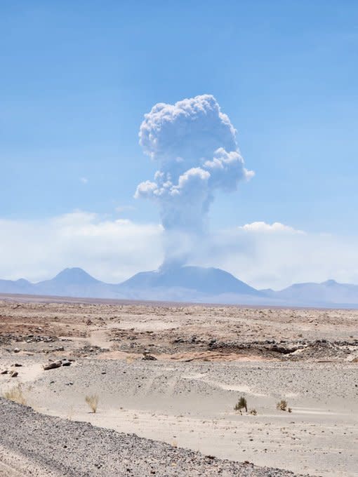 拉斯卡爾火山今日突然活動，並朝天際噴出高達6000公尺高的灰柱。   圖：翻攝自@ALMAObs_esp Twitter