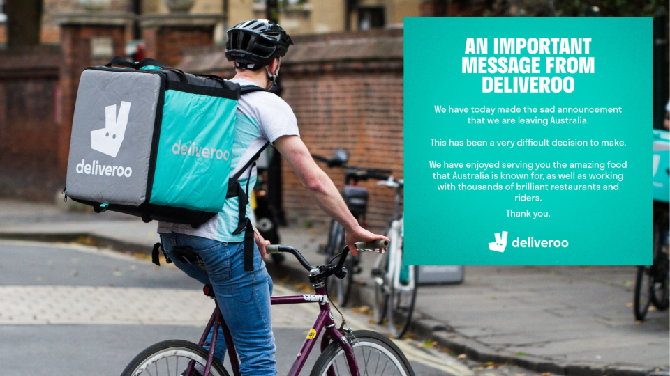 A Deliveroo rider and the message from Deliveroo to customers.