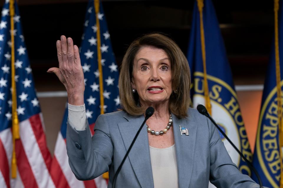 Speaker of the House Nancy Pelosi, D-Calif., meets with reporters May 9, 2019, the day after the Democrat-controlled House Judiciary Committee voted to hold Attorney General William Barr in contempt of Congress.