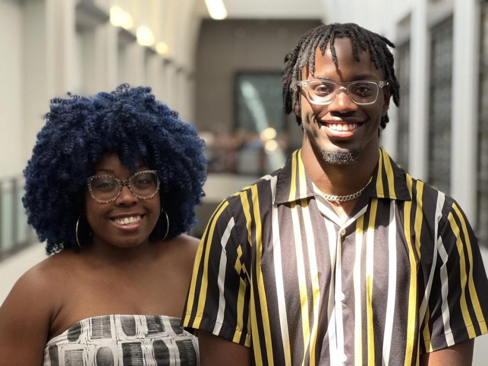 Student curator Jonathan Diggs, right, and artist Elise Kendrick have created a new exhibition for the Frist Art Museum — in an elevator.