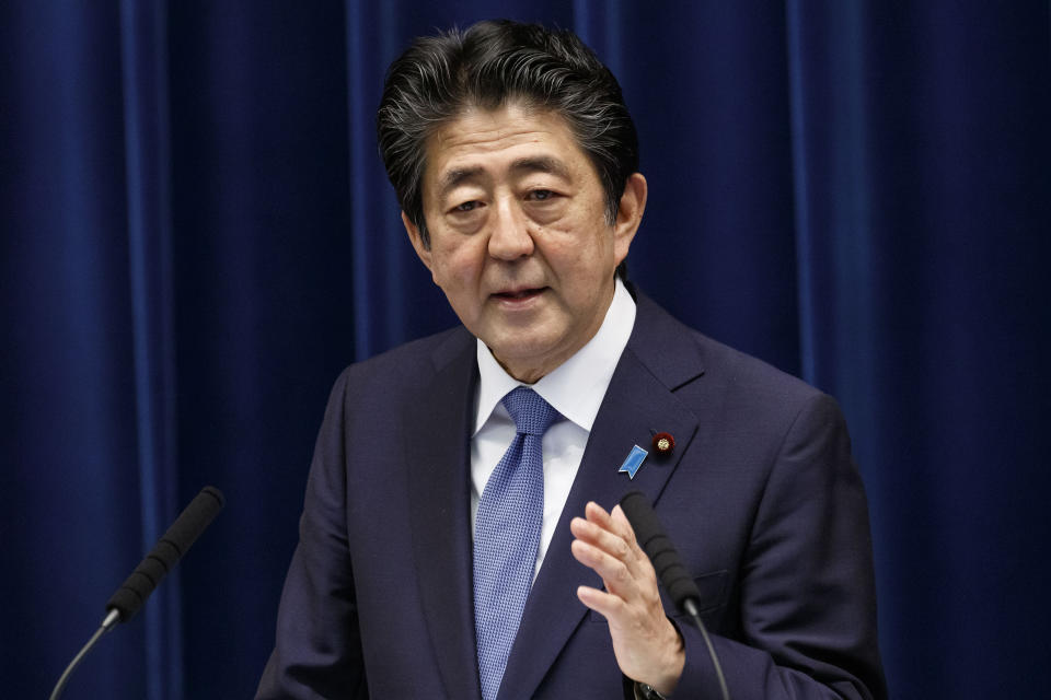 Japan's Prime Minister Shinzo Abe speaks during a press conference at the prime minister's official residence, Thursday, June 18, 2020, in Tokyo. Abe said Thursday that he regretted the arrest of his former justice minister and the minister's lawmaker wife over allegations they engaged in vote buying during last year's election, and that he takes the public criticism seriously. (Rodrigo Reyes Marin/Pool Photo via AP)
