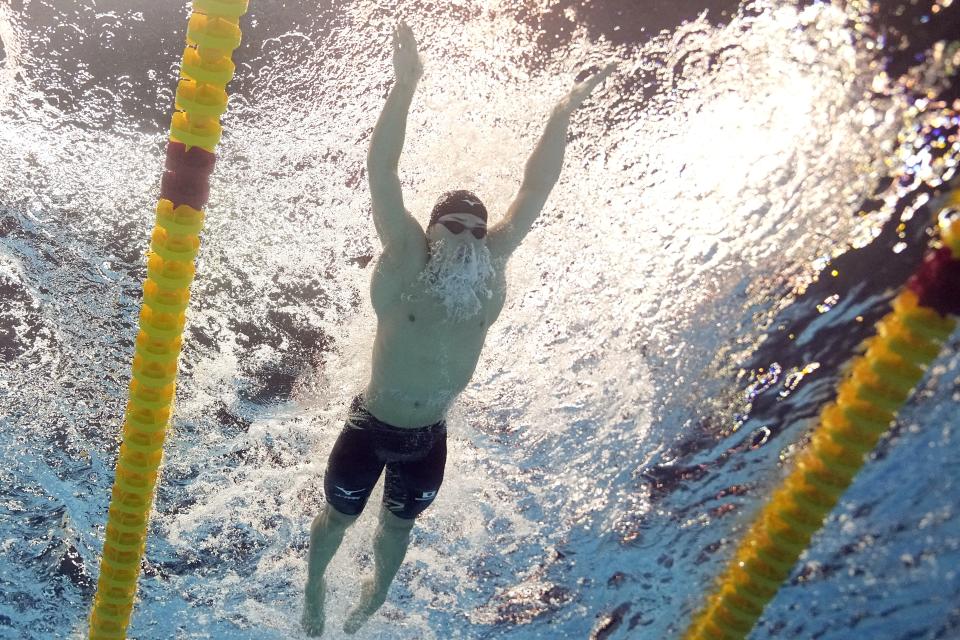 So Ogata, of Japan, competes in the men's 200-meter semifinal at the World Swimming Championships in Fukuoka, Japan, Wednesday, July 26, 2023. (AP Photo/David J. Phillip)