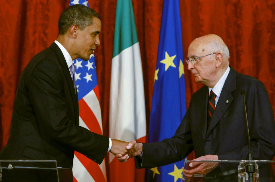 FILE - U.S. President Barack Obama, left, shakes hands with Italian President Giorgio Napolitano, right, following their joint statement at the Quirinale Palace, Rome, Wednesday, July 8, 2009. Giorgio Napolitano, the first former Communist to rise to Italy’s top job — president of the Republic — and the first president to be re-elected, has died Friday, Sept. 22, 2023. He was 98. (AP Photo/Haraz N. Ghanbari, File)