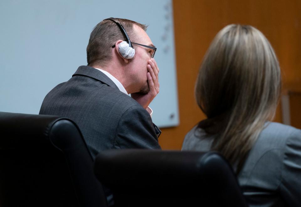 James Crumbley sits with his attorney Mariell Lehman in the Oakland County Courtroom of Cheryl Matthews on Thursday, March, 14, 2024 before he was convicted on all four counts of involuntary manslaughter. Crumbley was tried on four counts of involuntary manslaughter for the four students killed in the 2021 Oxford High School shooting perpetrated by his son Ethan Crumbley.