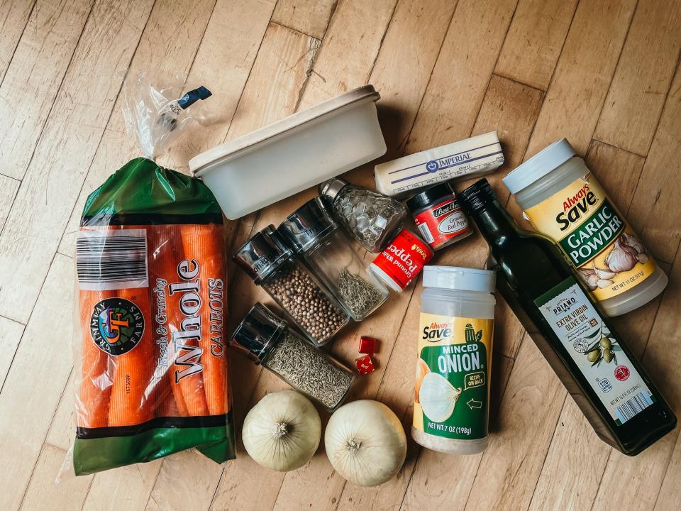 ingredients for prime rib roast dry rub and vegetable bed